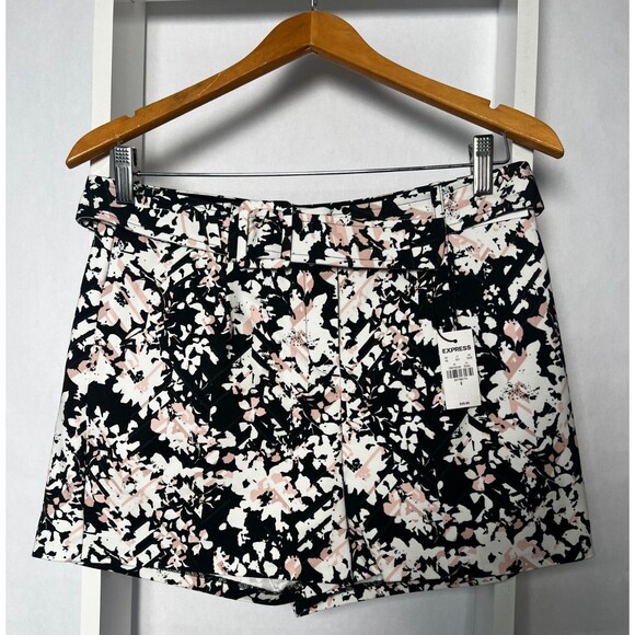 Express Pants - Express Floral Shorts Womens 6 Pink Black White Belted 3 in Inseam High Rise NWT